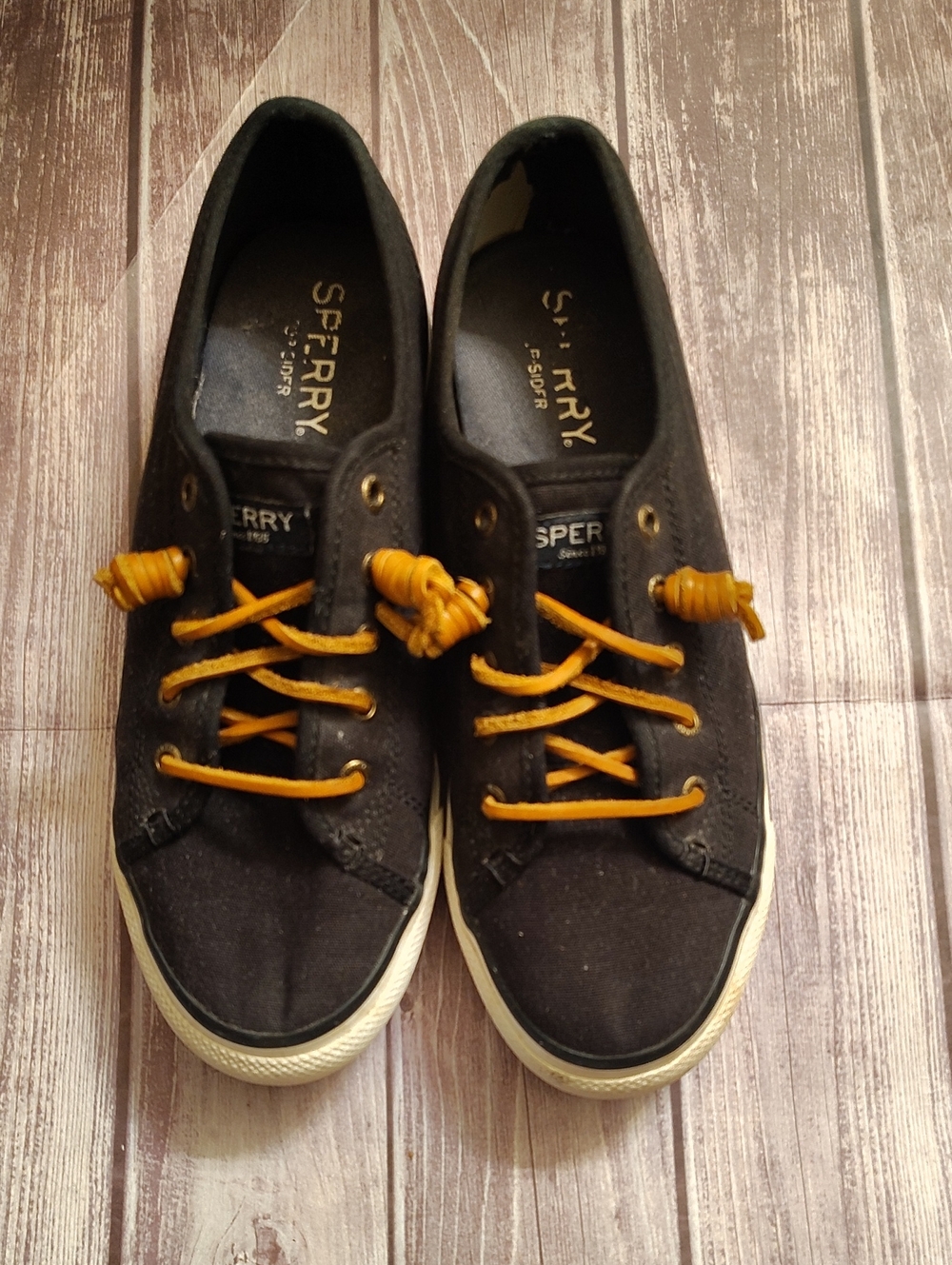 Sperry Black Canvas Sneakers with Yellow Laces